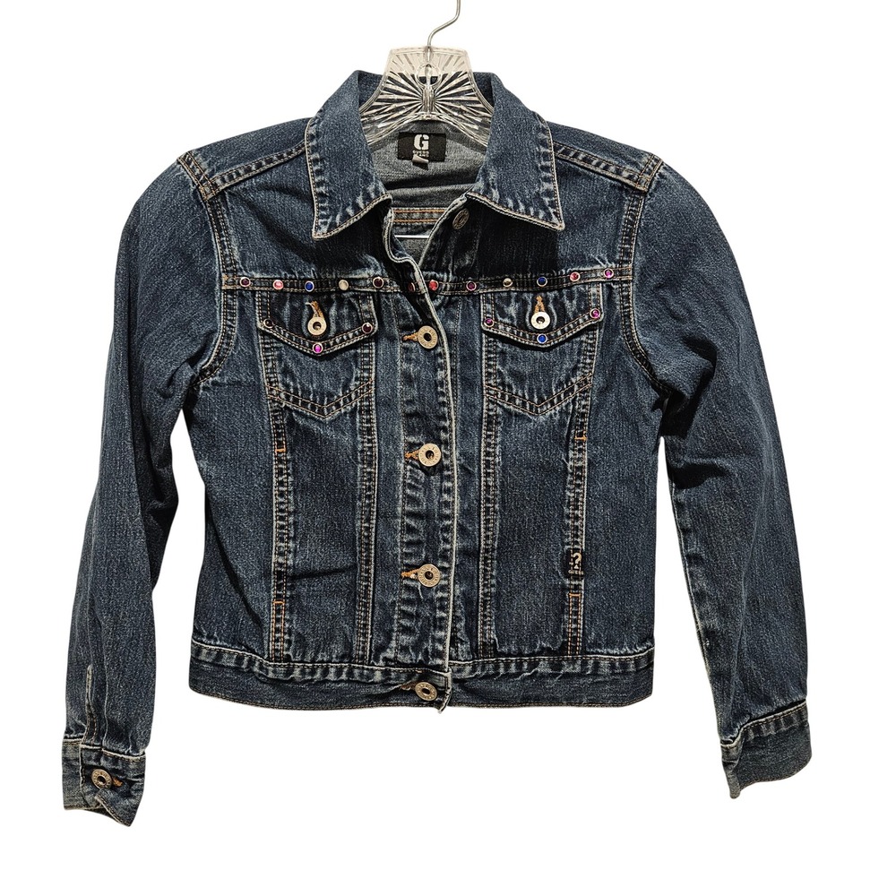 Guess Denim Jacket Girls S Blue Rhinestone Embellished Trucker Dark Wash G Jeans